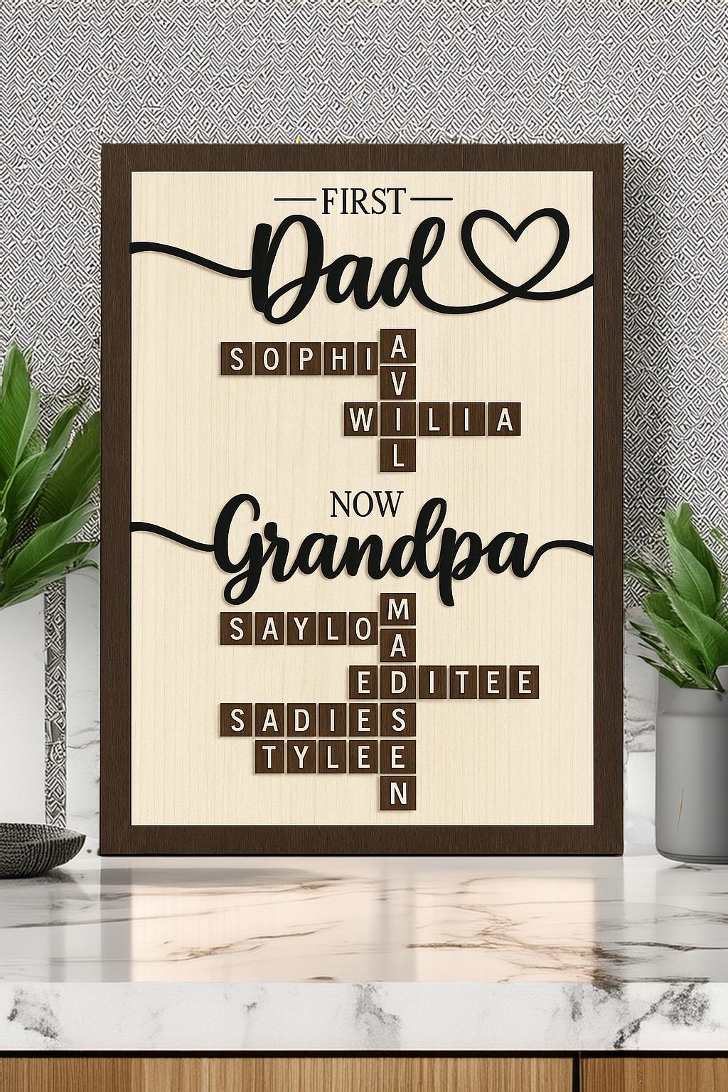 Personalized First Dad Now Grandpa Crossword Puzzle Sign | Custom Family Name Wooden Sign | Fathers Day Gifts From Kids