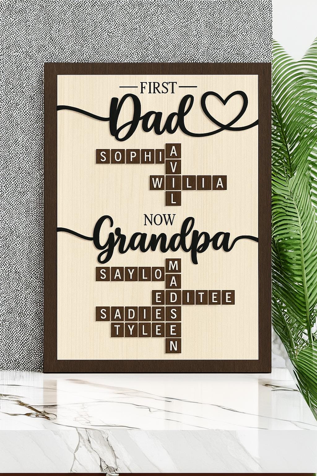 Personalized First Dad Now Grandpa Crossword Puzzle Sign | Custom Family Name Wooden Sign | Fathers Day Gifts From Kids