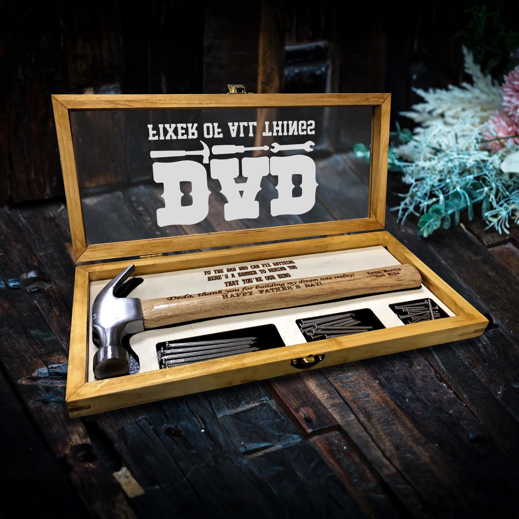 Custom Engraved Hammer for Dad with Wood Box and Stain | Fixer of All Things | Father's Day Gift, Birthday Gift for Dad, Husband or Him
