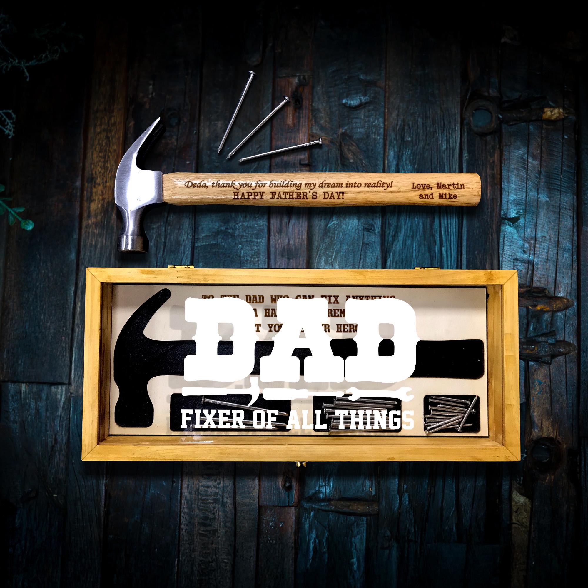 Custom Engraved Hammer for Dad with Wood Box and Stain | Fixer of All Things | Father's Day Gift, Birthday Gift for Dad, Husband or Him