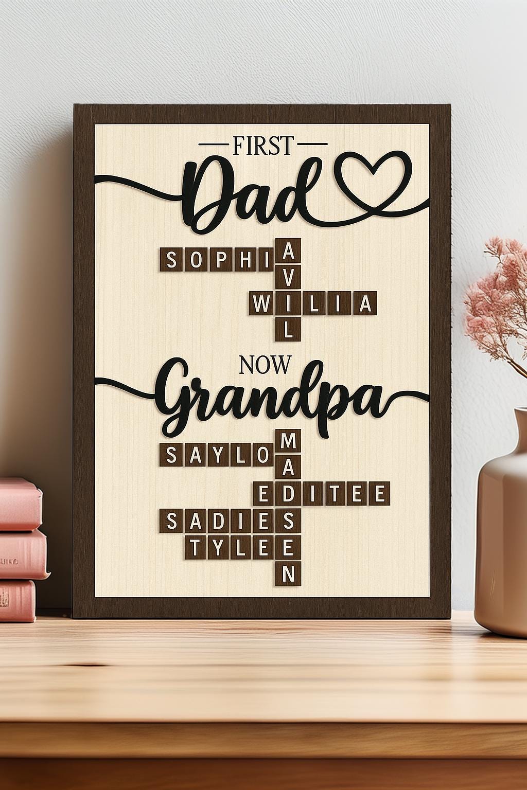 Personalized First Dad Now Grandpa Crossword Puzzle Sign | Custom Family Name Wooden Sign | Fathers Day Gifts From Kids