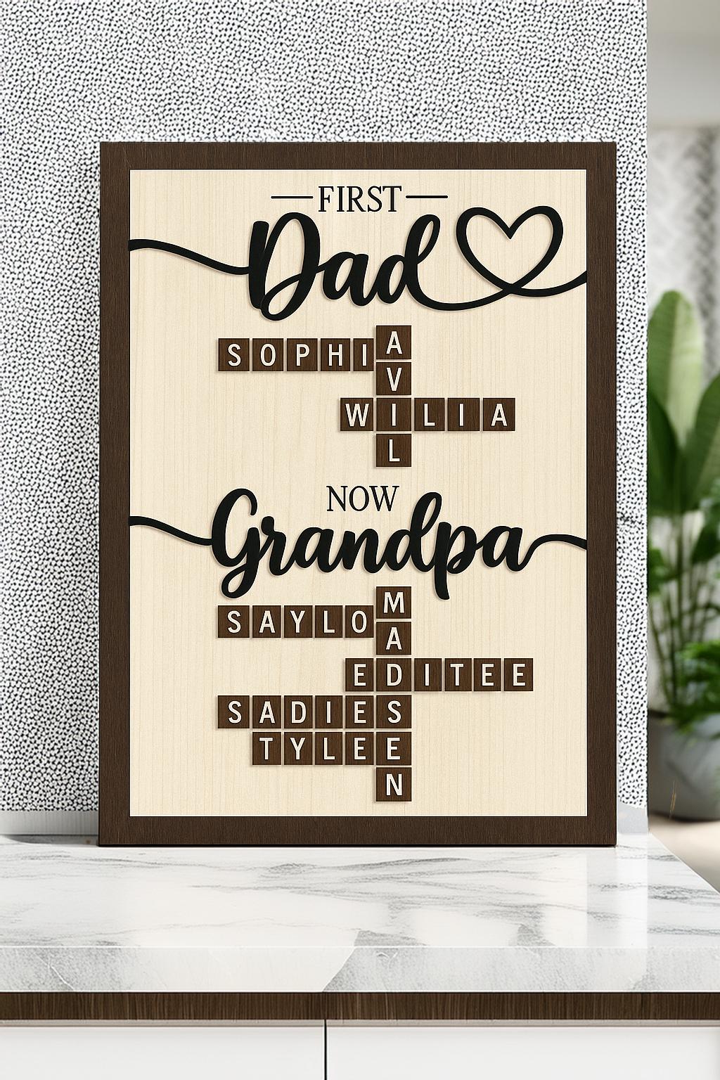 Personalized First Dad Now Grandpa Crossword Puzzle Sign | Custom Family Name Wooden Sign | Fathers Day Gifts From Kids