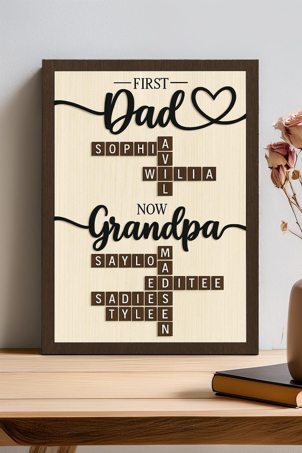 Personalized First Dad Now Grandpa Crossword Puzzle Sign | Custom Family Name Wooden Sign | Fathers Day Gifts From Kids