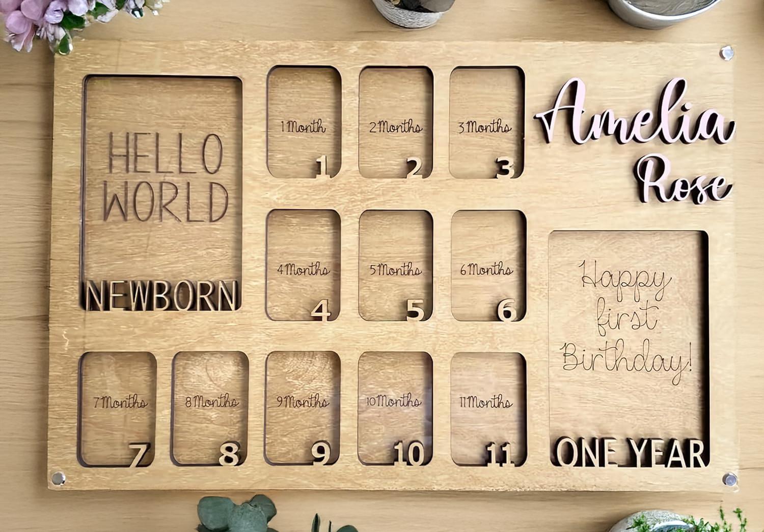 Personalized Wooden Baby Monthly Milestone Frame, Custom 12 Month Photo Board with Name, First Year Picture Collage Gift for Newborn
