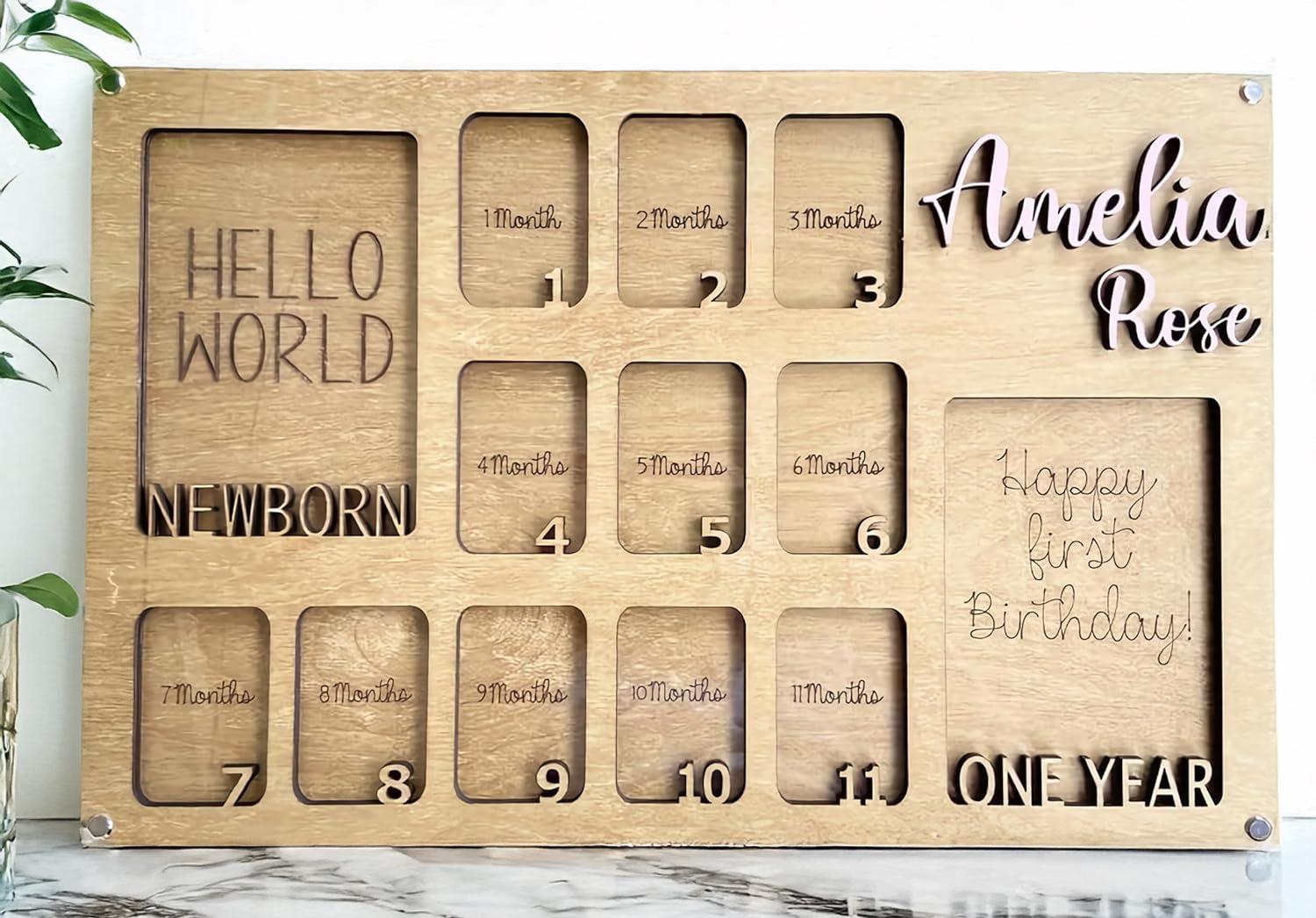 Personalized Wooden Baby Monthly Milestone Frame, Custom 12 Month Photo Board with Name, First Year Picture Collage Gift for Newborn