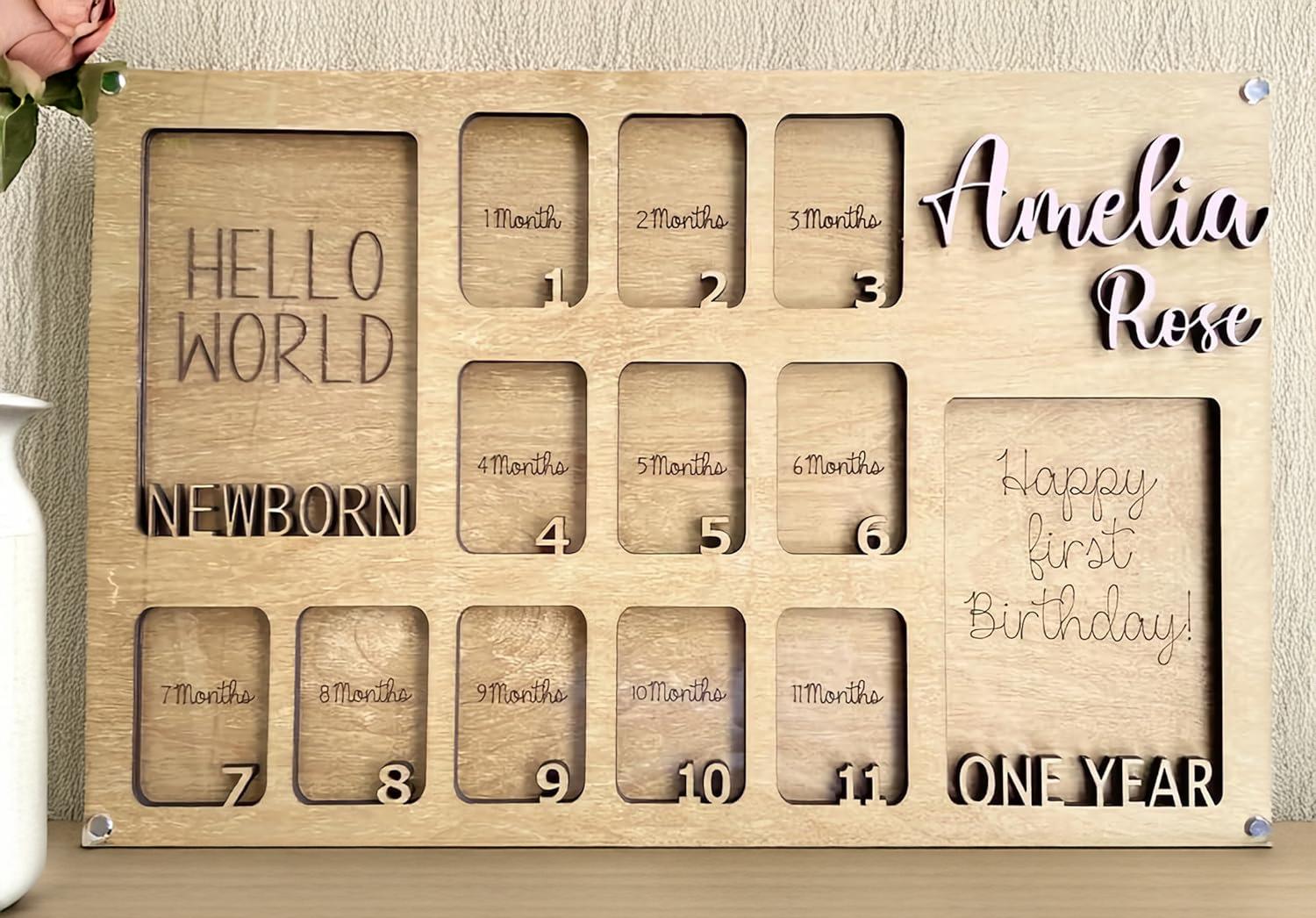 Personalized Wooden Baby Monthly Milestone Frame, Custom 12 Month Photo Board with Name, First Year Picture Collage Gift for Newborn