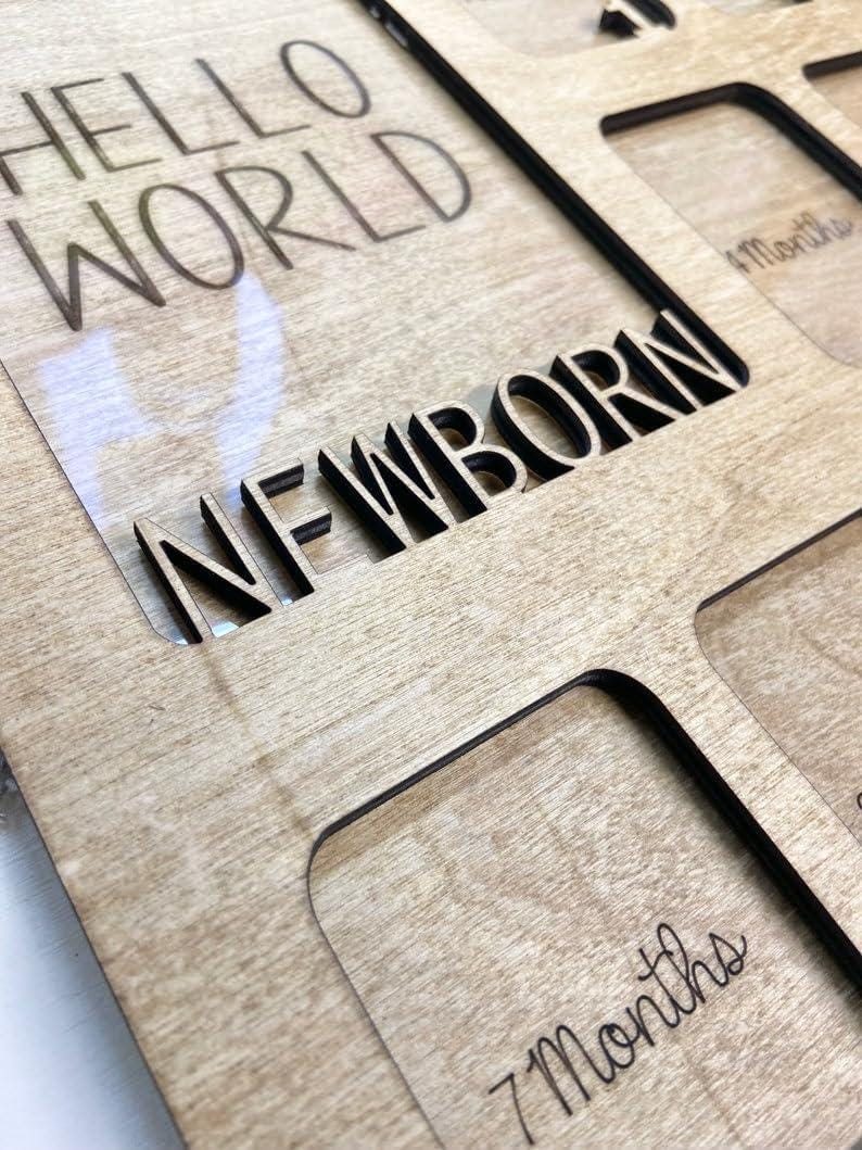 Personalized Wooden Baby Monthly Milestone Frame, Custom 12 Month Photo Board with Name, First Year Picture Collage Gift for Newborn