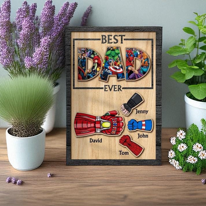 Personalized Fathers Day Super Hero Art | Custom Best Dad Ever Superhero Sign | Fathers Day Gift for Dad from Children | Papa Keepsake