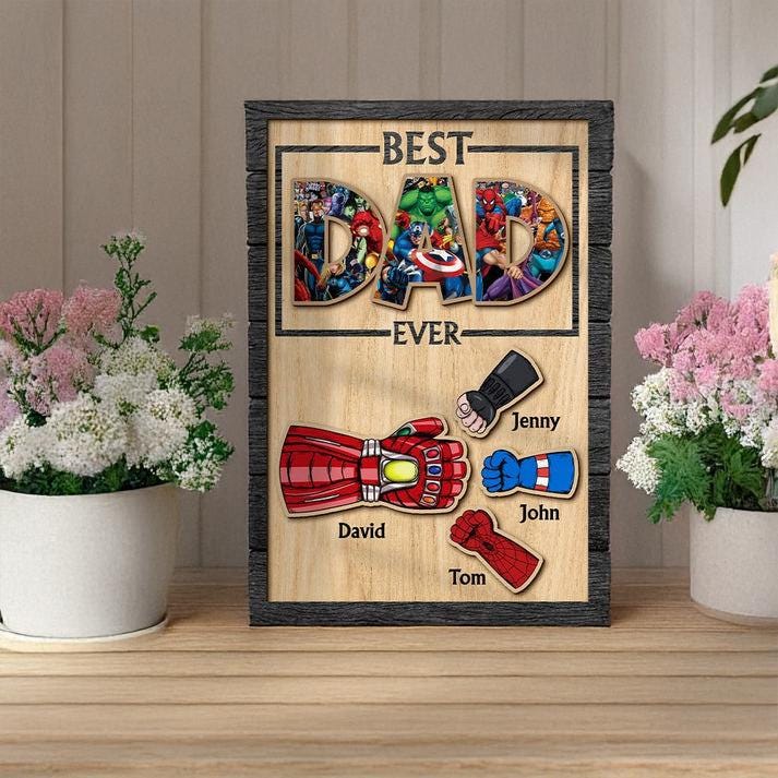 Personalized Fathers Day Super Hero Art | Custom Best Dad Ever Superhero Sign | Fathers Day Gift for Dad from Children | Papa Keepsake