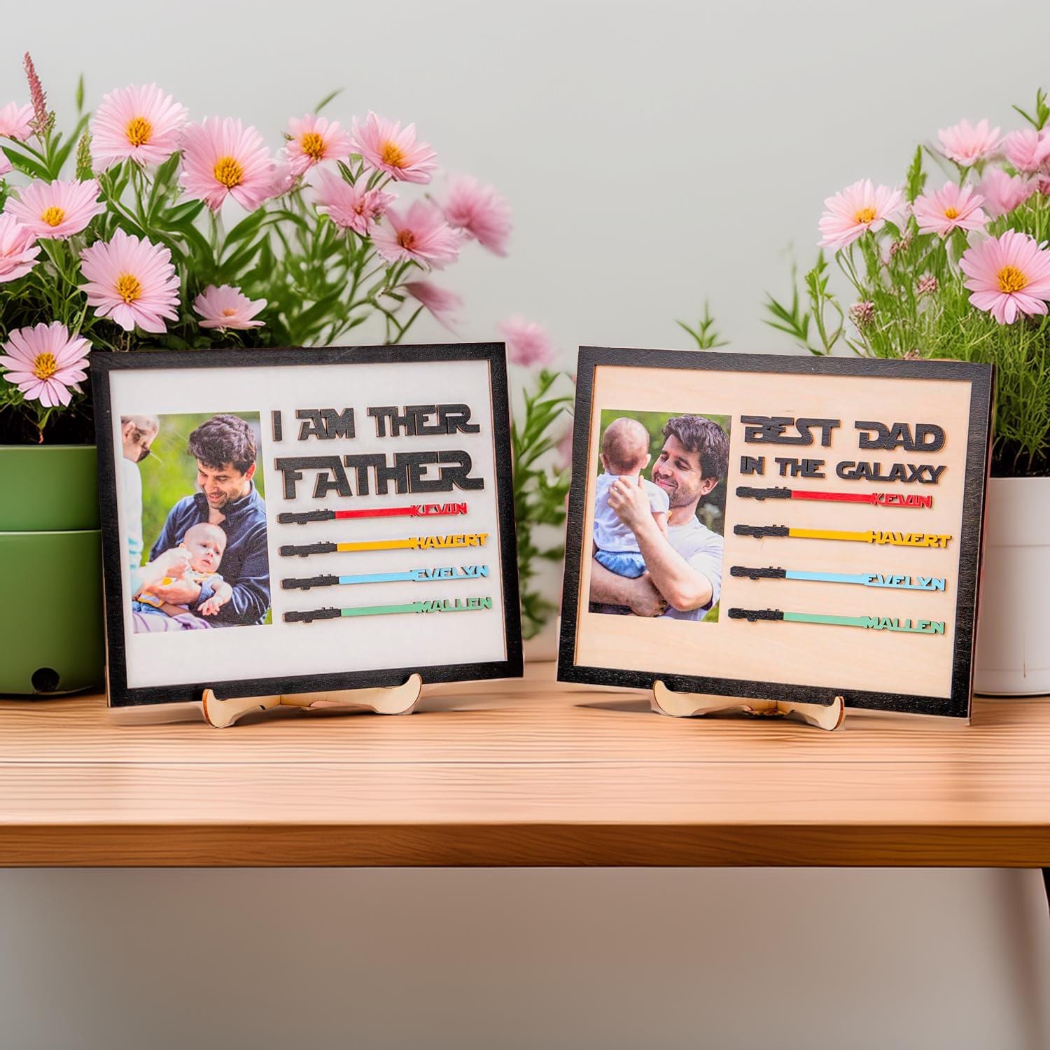 Best Dad in The Galaxy Personalized Engraved Wood Sign with Photo | Star Wars Custom Lightsaber Sign for Dad | Fathers Day Gifts From Kids
