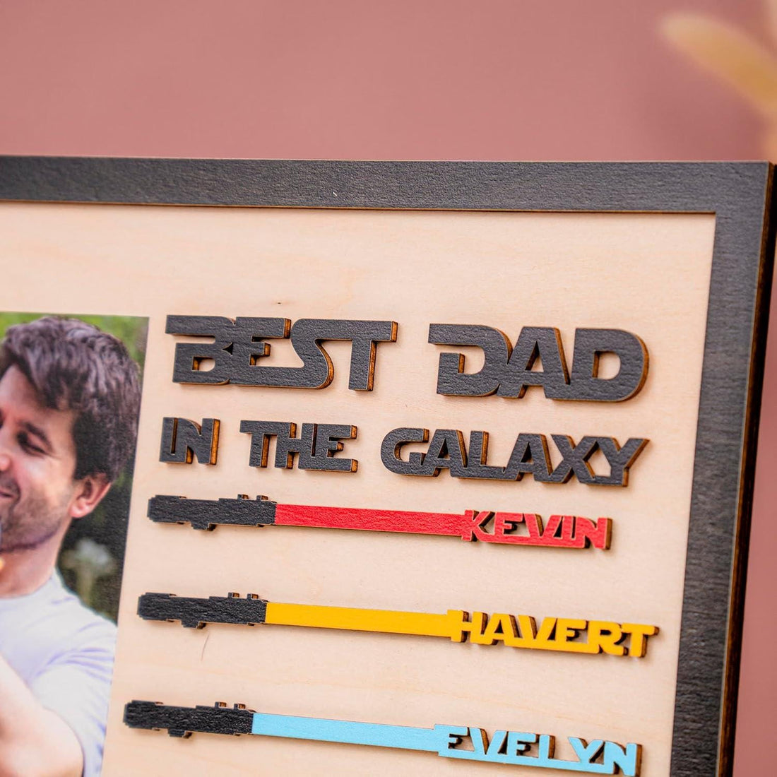 Best Dad in The Galaxy Personalized Engraved Wood Sign with Photo | Star Wars Custom Lightsaber Sign for Dad | Fathers Day Gifts From Kids