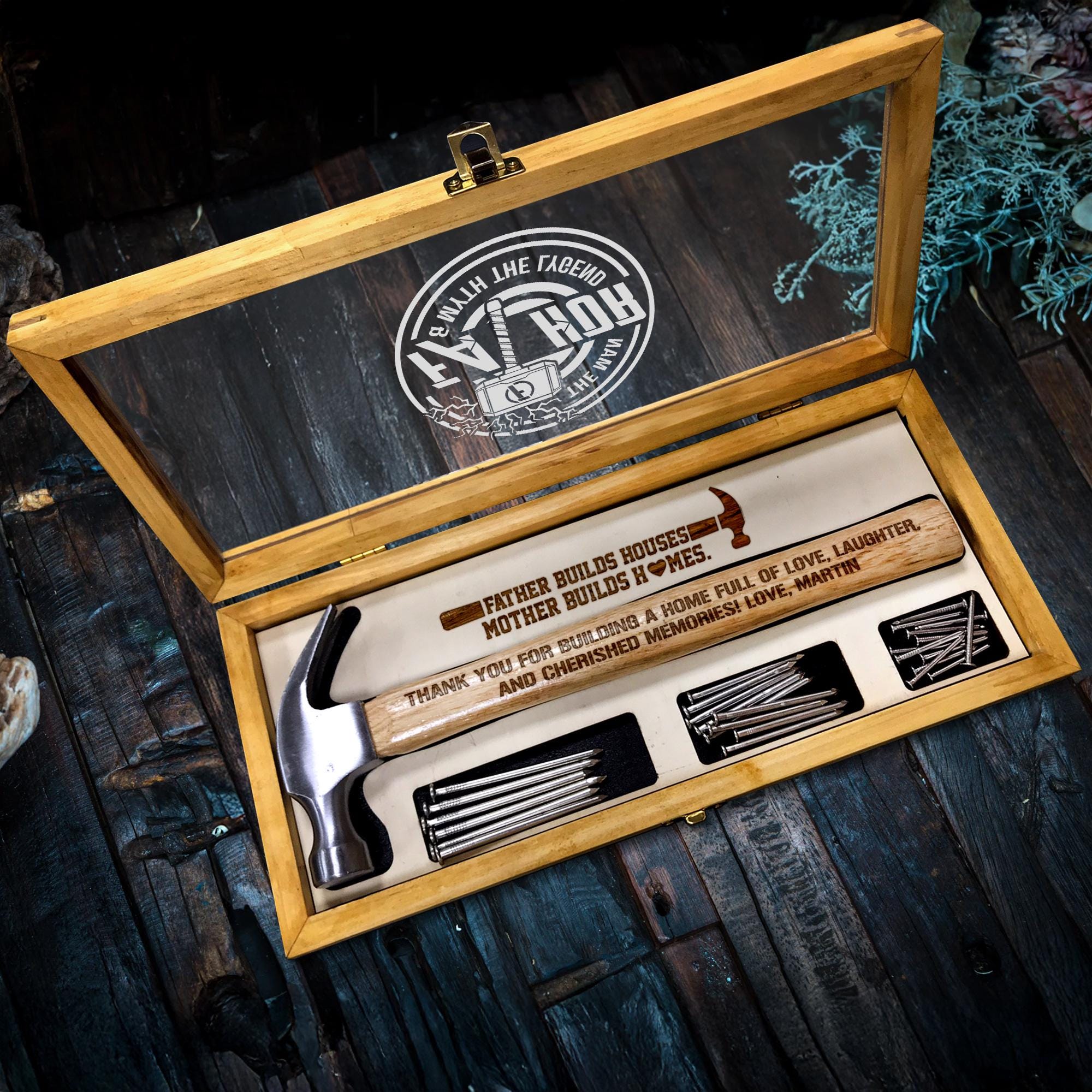 Personalized Hammer for Dad with Wood Box and Stain | Engraved Hammer with Special Thank You Message Father's Day Gift for Dad, Husband, Him