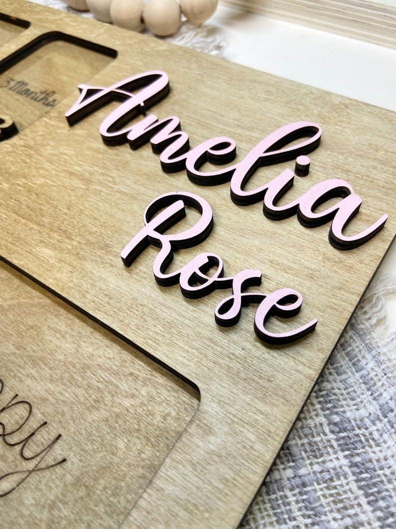 Personalized Wooden Baby Monthly Milestone Frame, Custom 12 Month Photo Board with Name, First Year Picture Collage Gift for Newborn