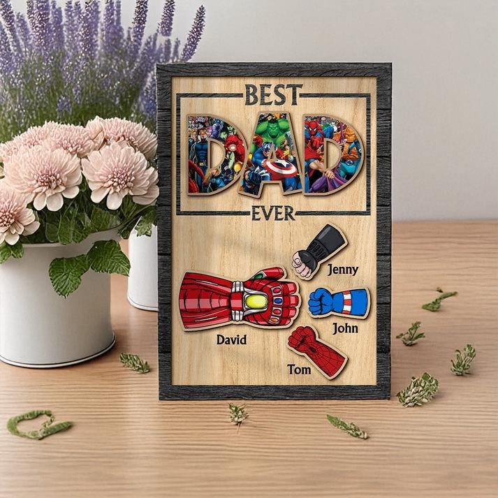 Personalized Fathers Day Super Hero Art | Custom Best Dad Ever Superhero Sign | Fathers Day Gift for Dad from Children | Papa Keepsake