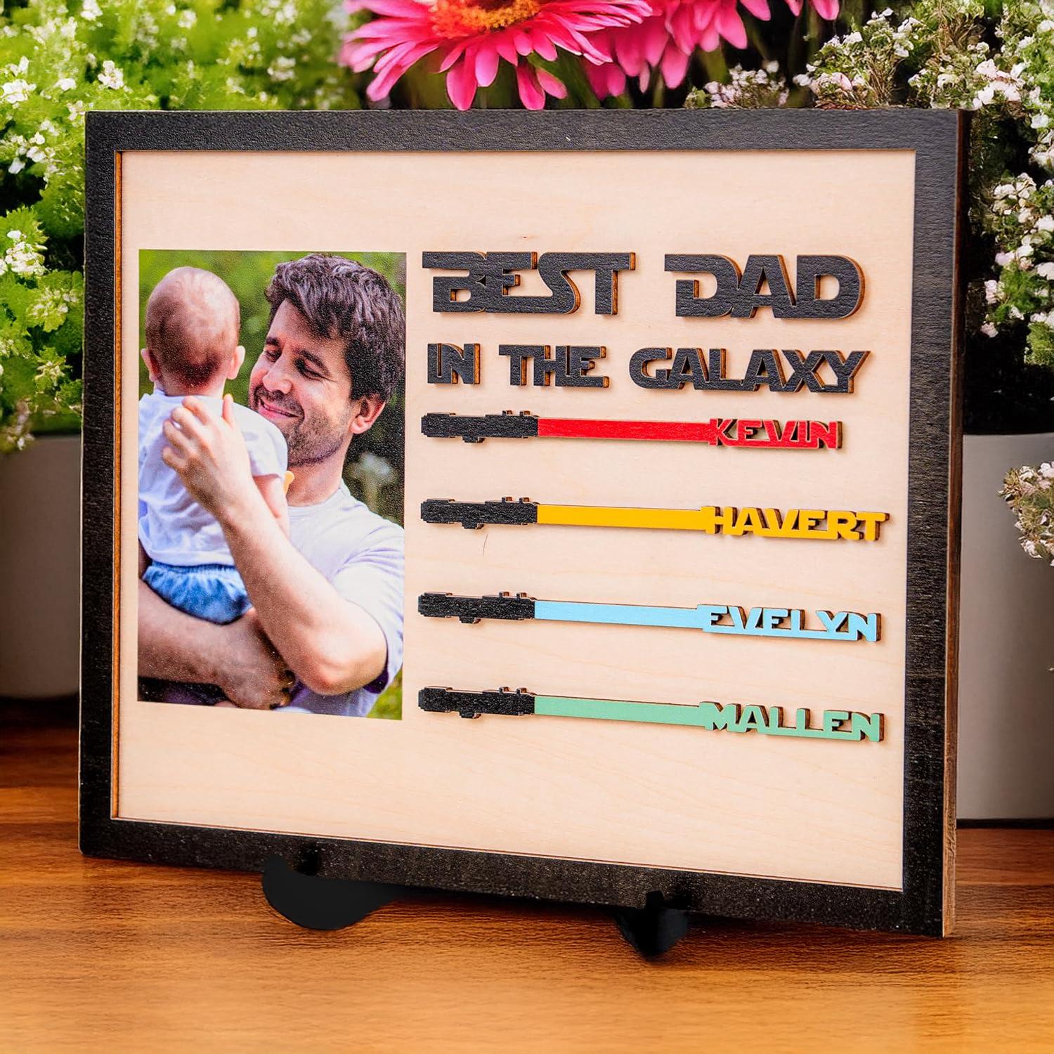 Best Dad in The Galaxy Personalized Engraved Wood Sign with Photo | Star Wars Custom Lightsaber Sign for Dad | Fathers Day Gifts From Kids