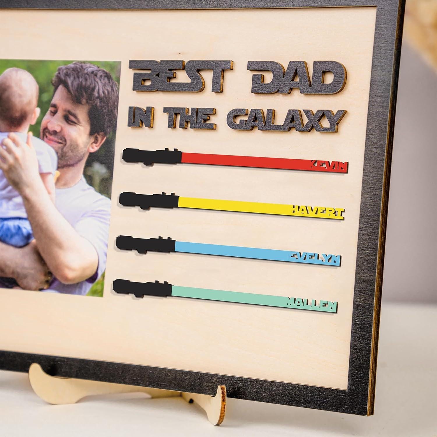 Best Dad in The Galaxy Personalized Engraved Wood Sign with Photo | Star Wars Custom Lightsaber Sign for Dad | Fathers Day Gifts From Kids