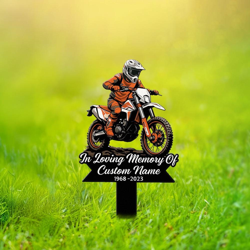 Custom Motocross Memorial Metal Garden Stake Dirt Bike Grave Marker Outdoor Sign for Biker Dad Husband Son Cemetery Remembrance Decor