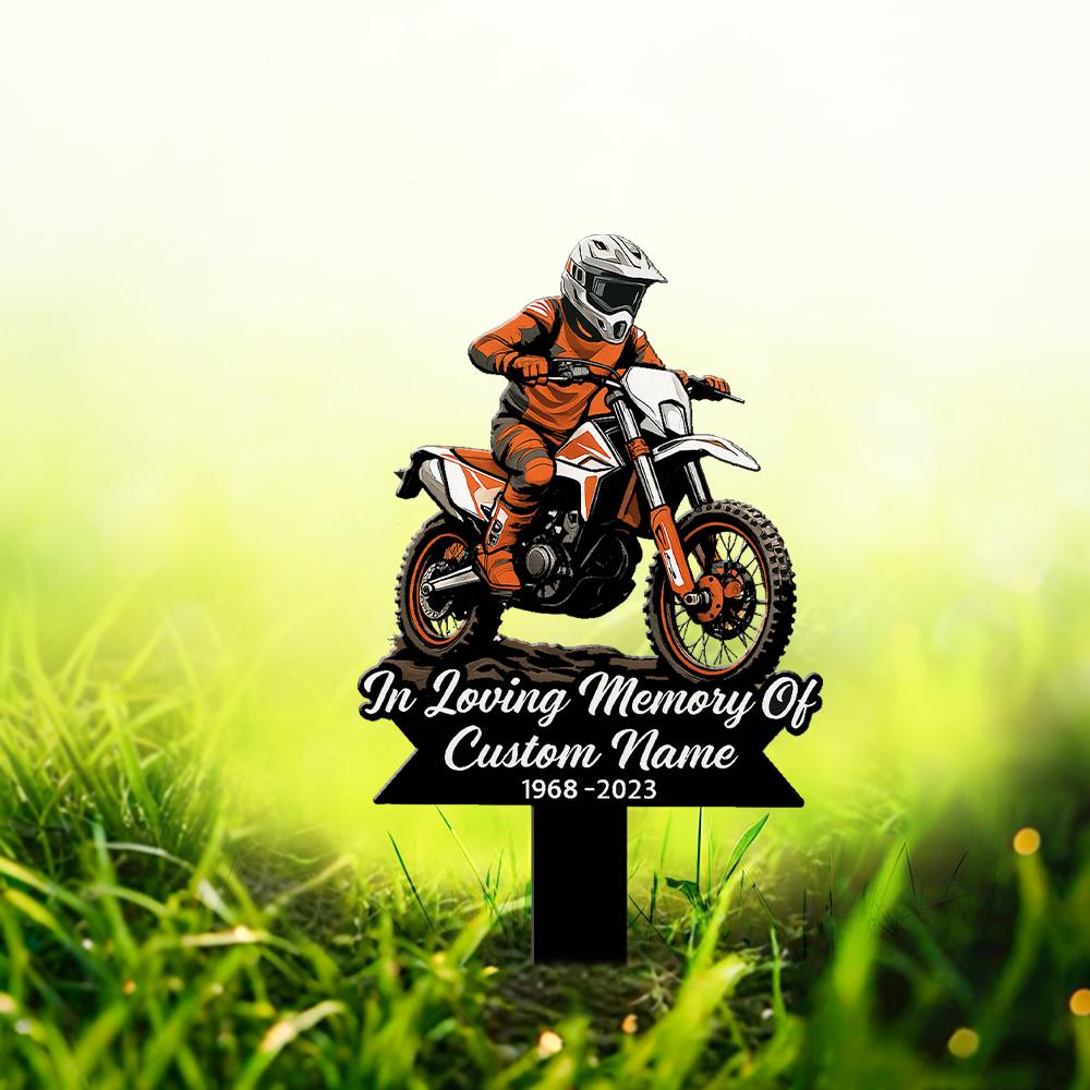 Custom Motocross Memorial Metal Garden Stake Dirt Bike Grave Marker Outdoor Sign for Biker Dad Husband Son Cemetery Remembrance Decor