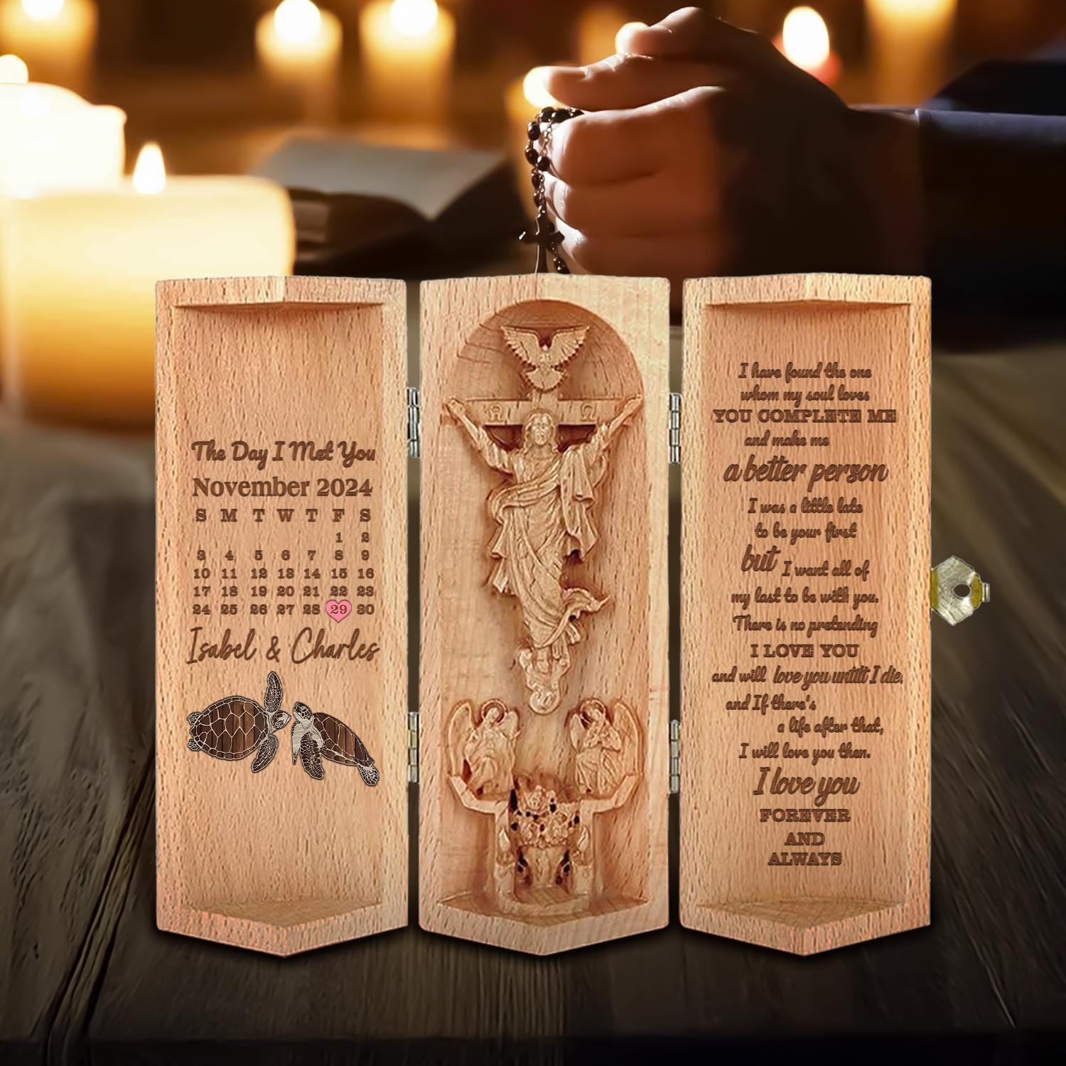 Custom Calendar The Day I Met You Christian Wooden Love Scripture, Turtle Couple Jesus Carving with Bible Verse, Religious Gift for Couple