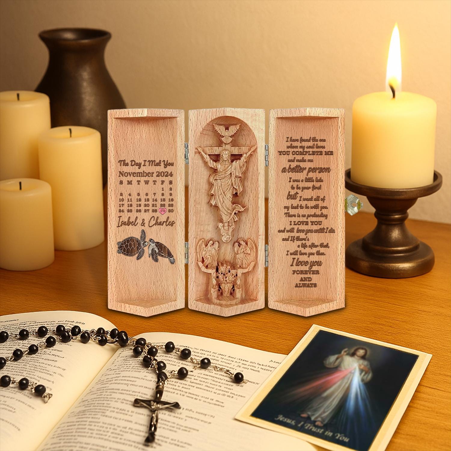 Custom Calendar The Day I Met You Christian Wooden Love Scripture, Turtle Couple Jesus Carving with Bible Verse, Religious Gift for Couple