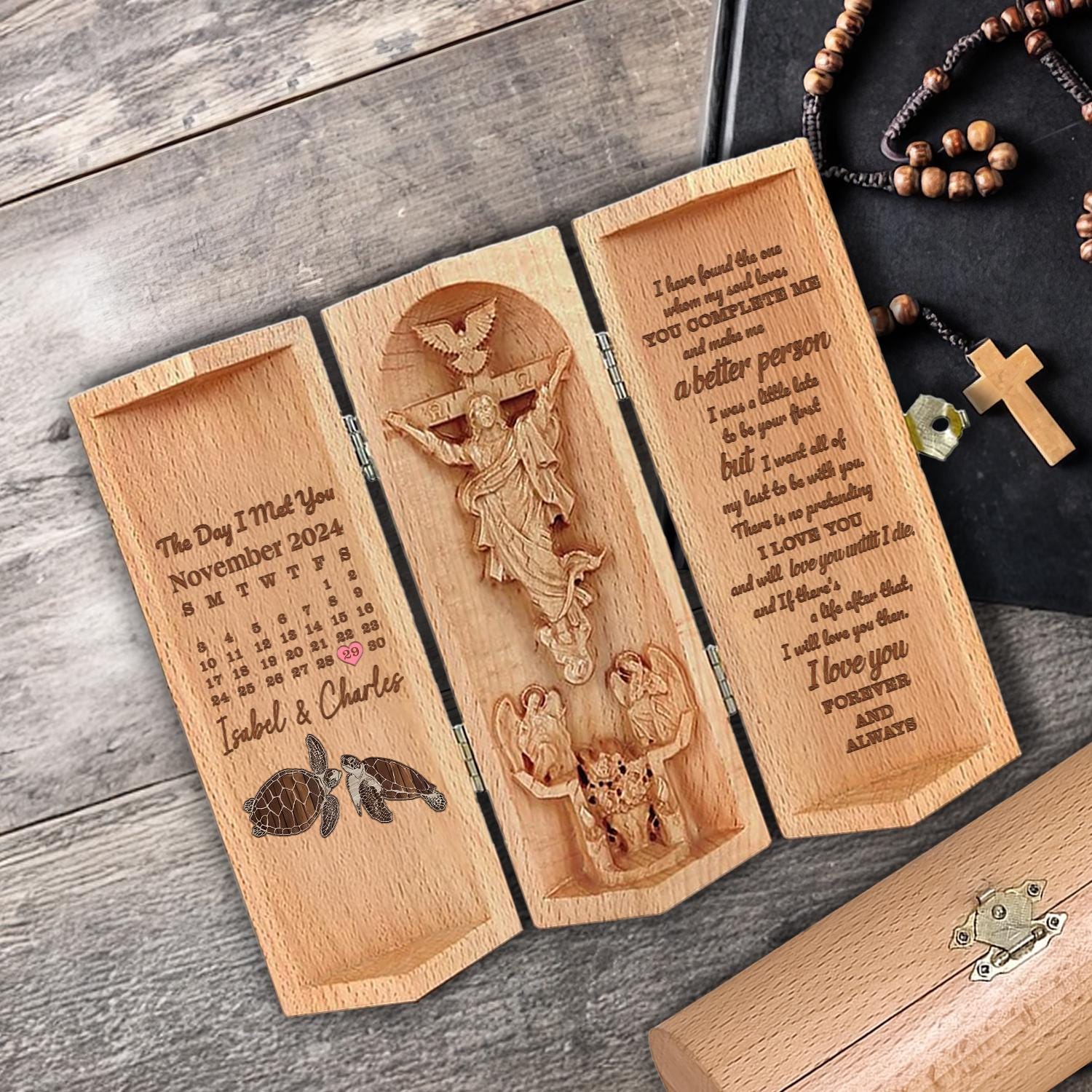 Custom Calendar The Day I Met You Christian Wooden Love Scripture, Turtle Couple Jesus Carving with Bible Verse, Religious Gift for Couple