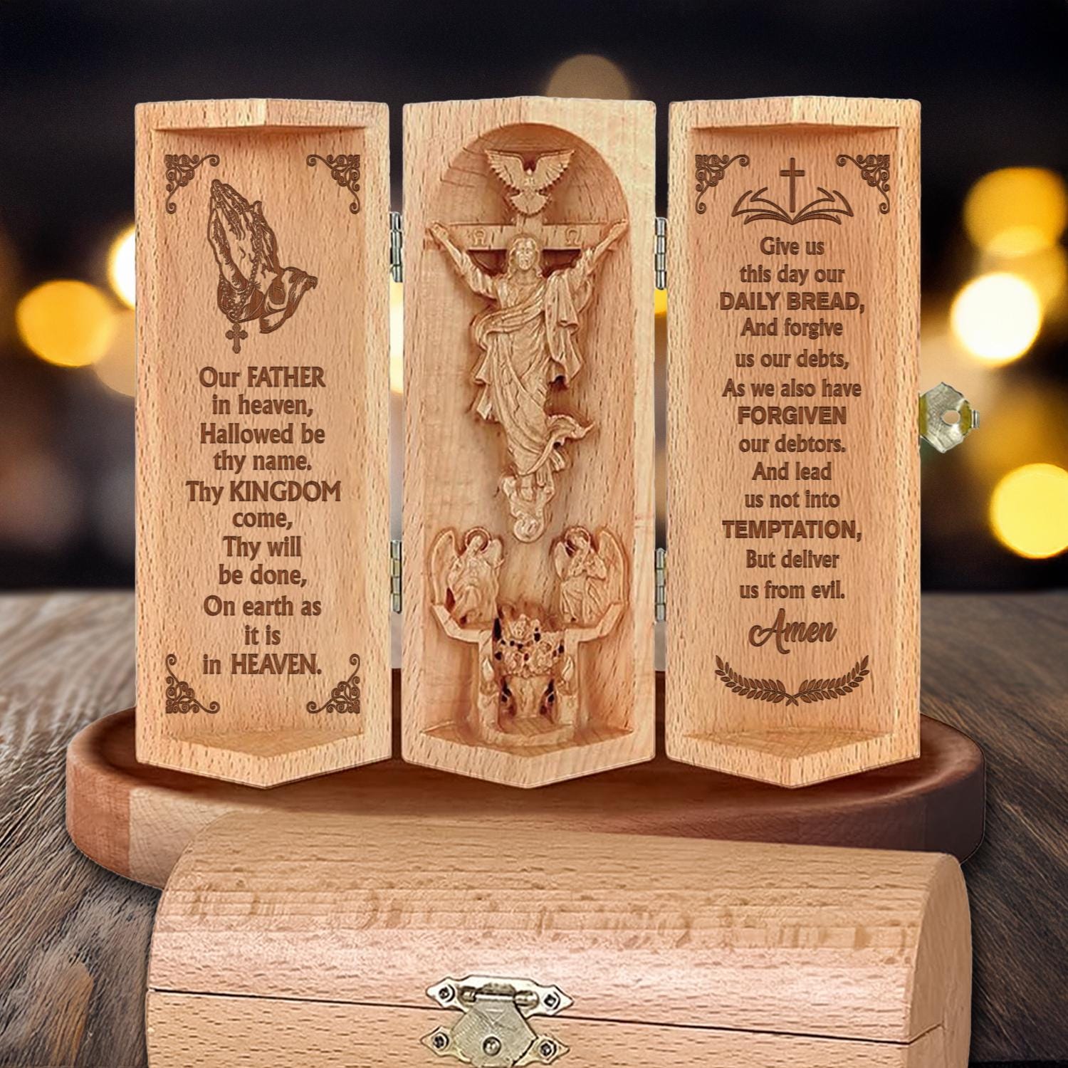 Our Father In Heaven Christian Prayer Plaque Lord's Prayer Jesus Carving  Catholic Religious Decor Wooden Cylinder Sculpture of Jesus Gift