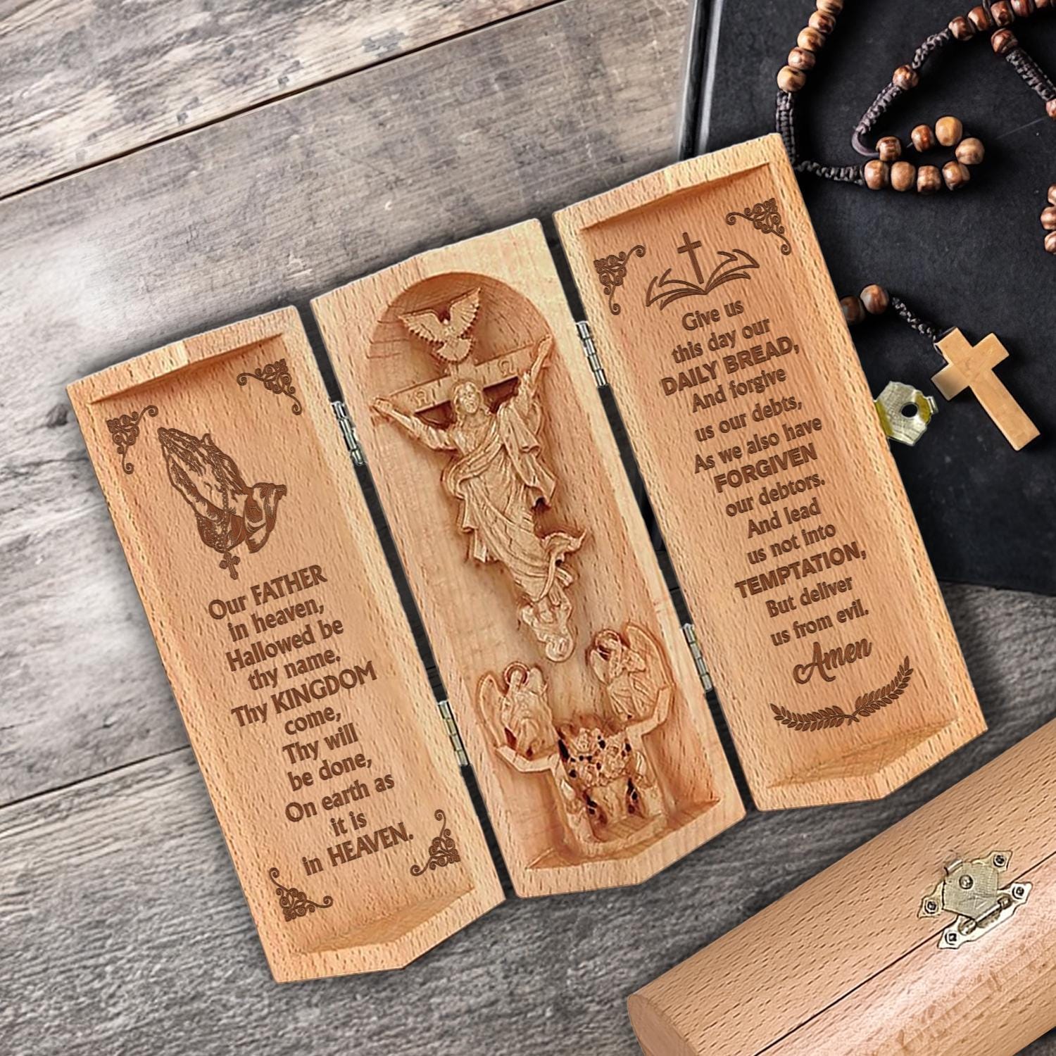 Our Father In Heaven Christian Prayer Plaque Lord's Prayer Jesus Carving  Catholic Religious Decor Wooden Cylinder Sculpture of Jesus Gift