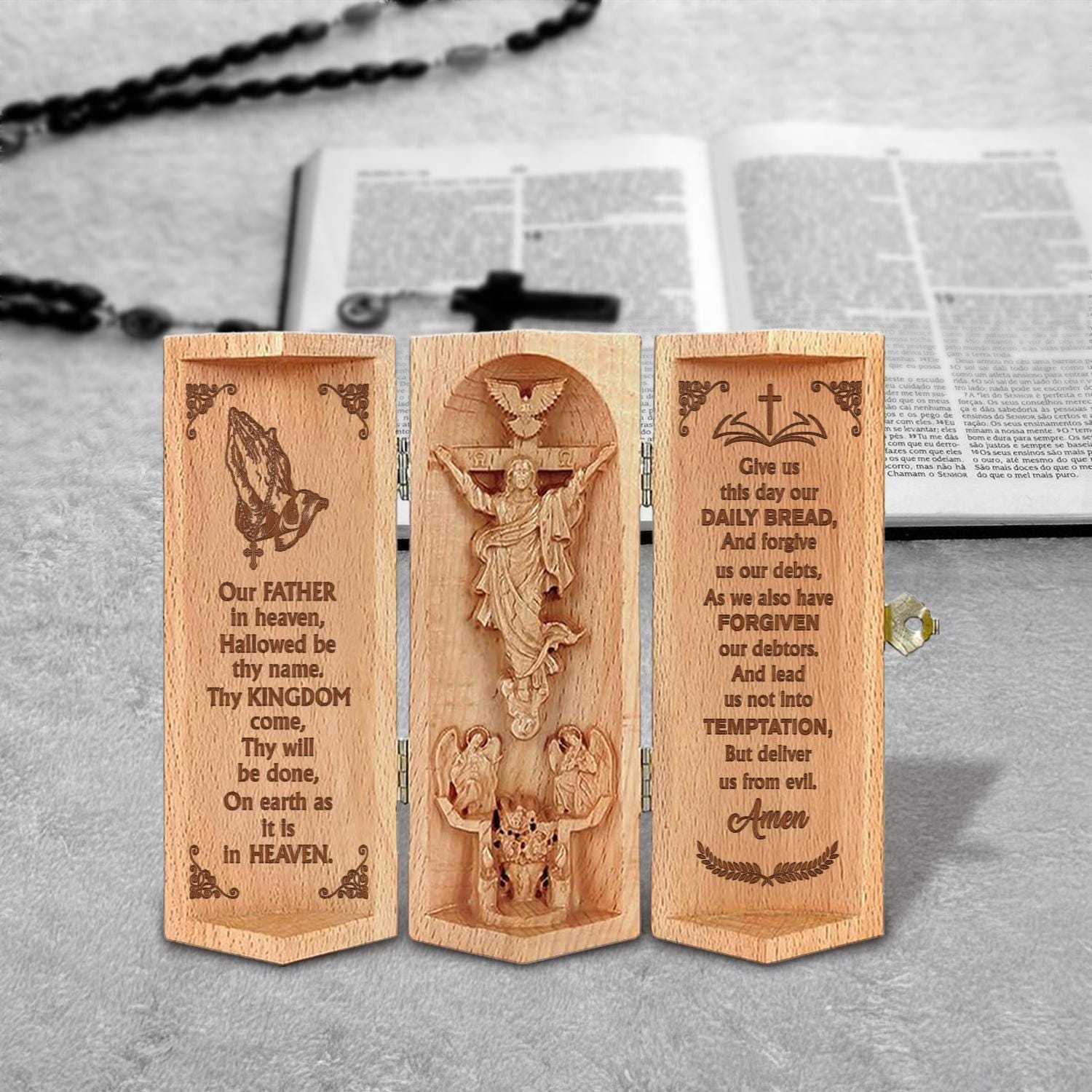 Our Father In Heaven Christian Prayer Plaque Lord's Prayer Jesus Carving  Catholic Religious Decor Wooden Cylinder Sculpture of Jesus Gift