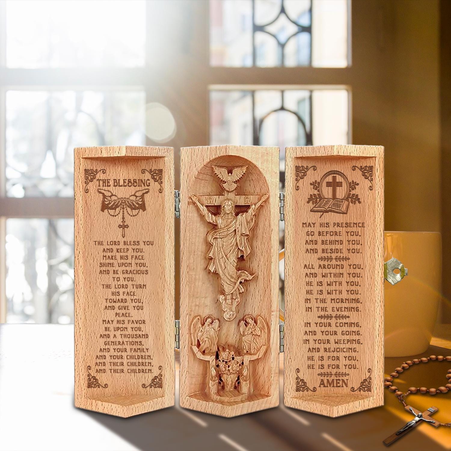 The Blessing Christian Sculpture  Wooden Cylinder Jesus Prayer Plaque - Bible Verse Numbers 6:24-26  Religious Home Decor Gifts for Family