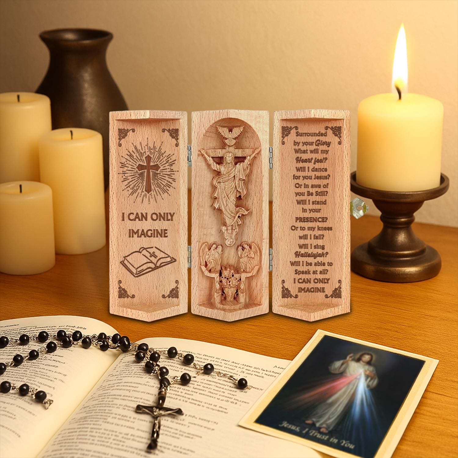 I Can Only Imagine Christian Wooden Cylinder Sculpture of Jesus Inspirational Plaque with Jesus and Worship Lyrics