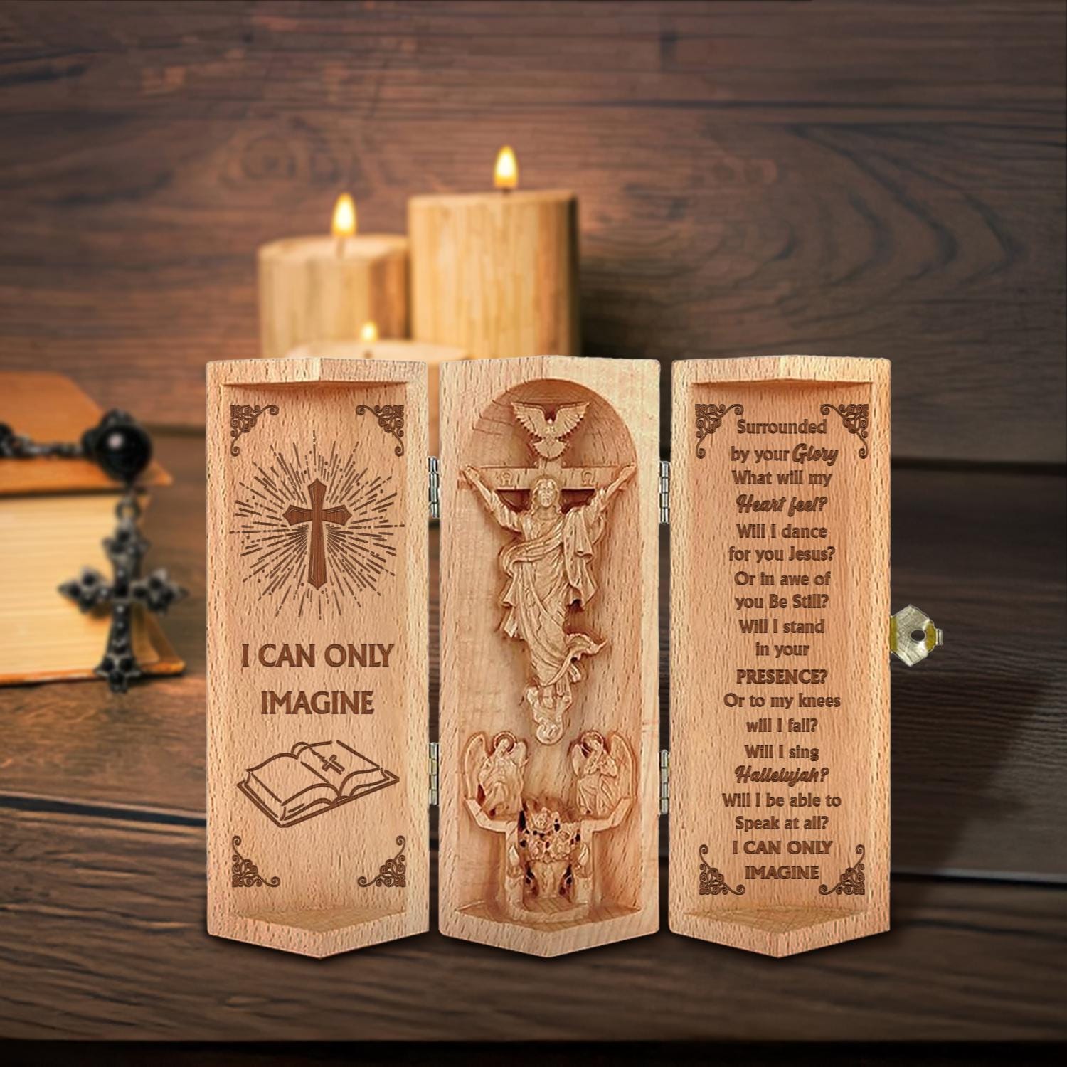 I Can Only Imagine Christian Wooden Cylinder Sculpture of Jesus Inspirational Plaque with Jesus and Worship Lyrics