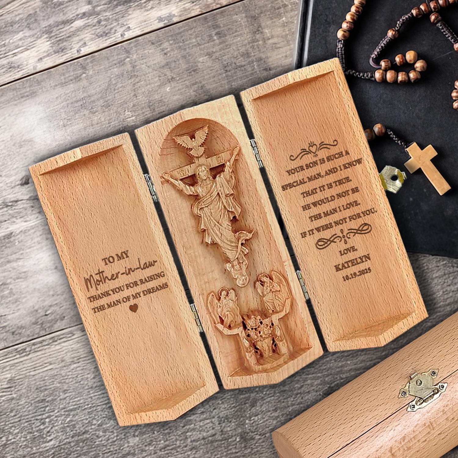 Personalized Christian Wooden Cylinder Sculpture of Jesus Thank You Gifts for Mother-in-Law from Bride  Jesus Carving Folding Prayer Plaque