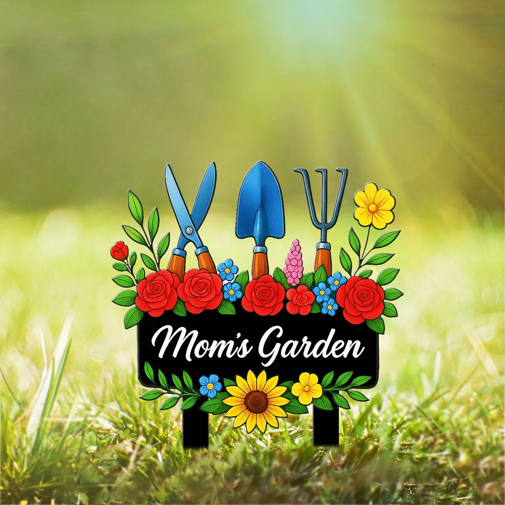 Custom Moms Garden Sign  Metal Floral Yard Stake with Sunflowers, Tools & Daisy, Rustic Outdoor Gift for Mother, Grandma, Flower Lover