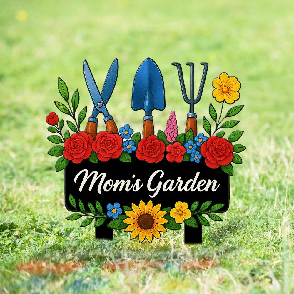 Custom Moms Garden Sign  Metal Floral Yard Stake with Sunflowers, Tools & Daisy, Rustic Outdoor Gift for Mother, Grandma, Flower Lover