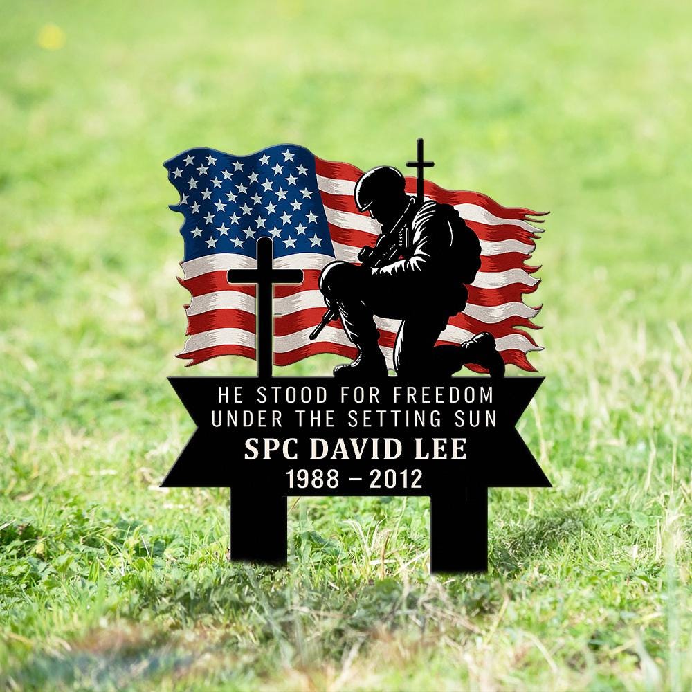 Custom Military Memorial Metal Stake, Fallen Soldier with Cross US Flag, Outdoor Grave Marker for Veteran Tribute, Memorial Day, July 4th