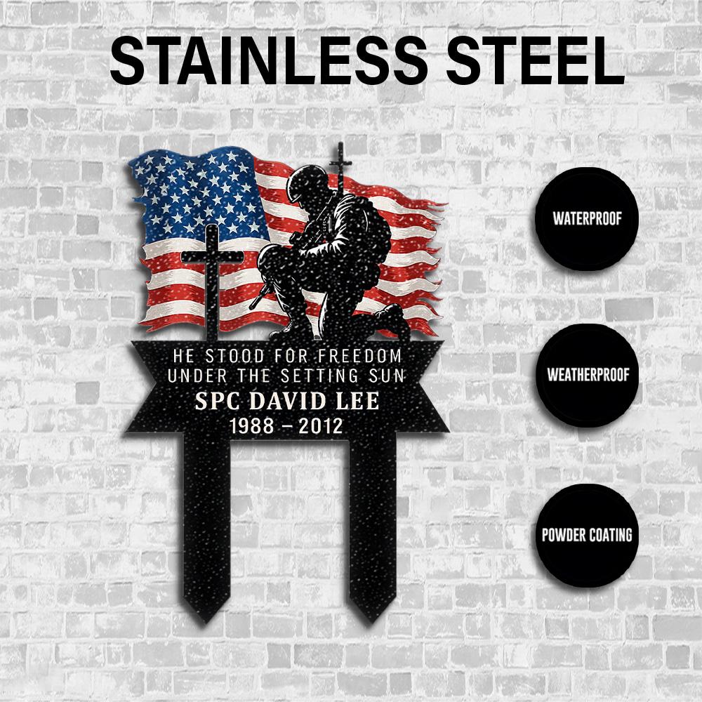 Custom Military Memorial Metal Stake, Fallen Soldier with Cross US Flag, Outdoor Grave Marker for Veteran Tribute, Memorial Day, July 4th