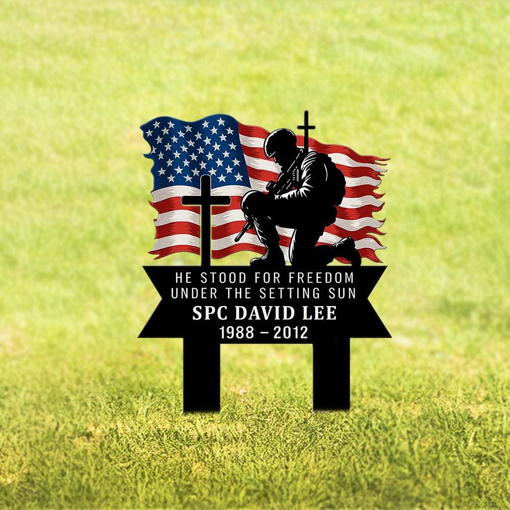 Custom Military Memorial Metal Stake, Fallen Soldier with Cross US Flag, Outdoor Grave Marker for Veteran Tribute, Memorial Day, July 4th