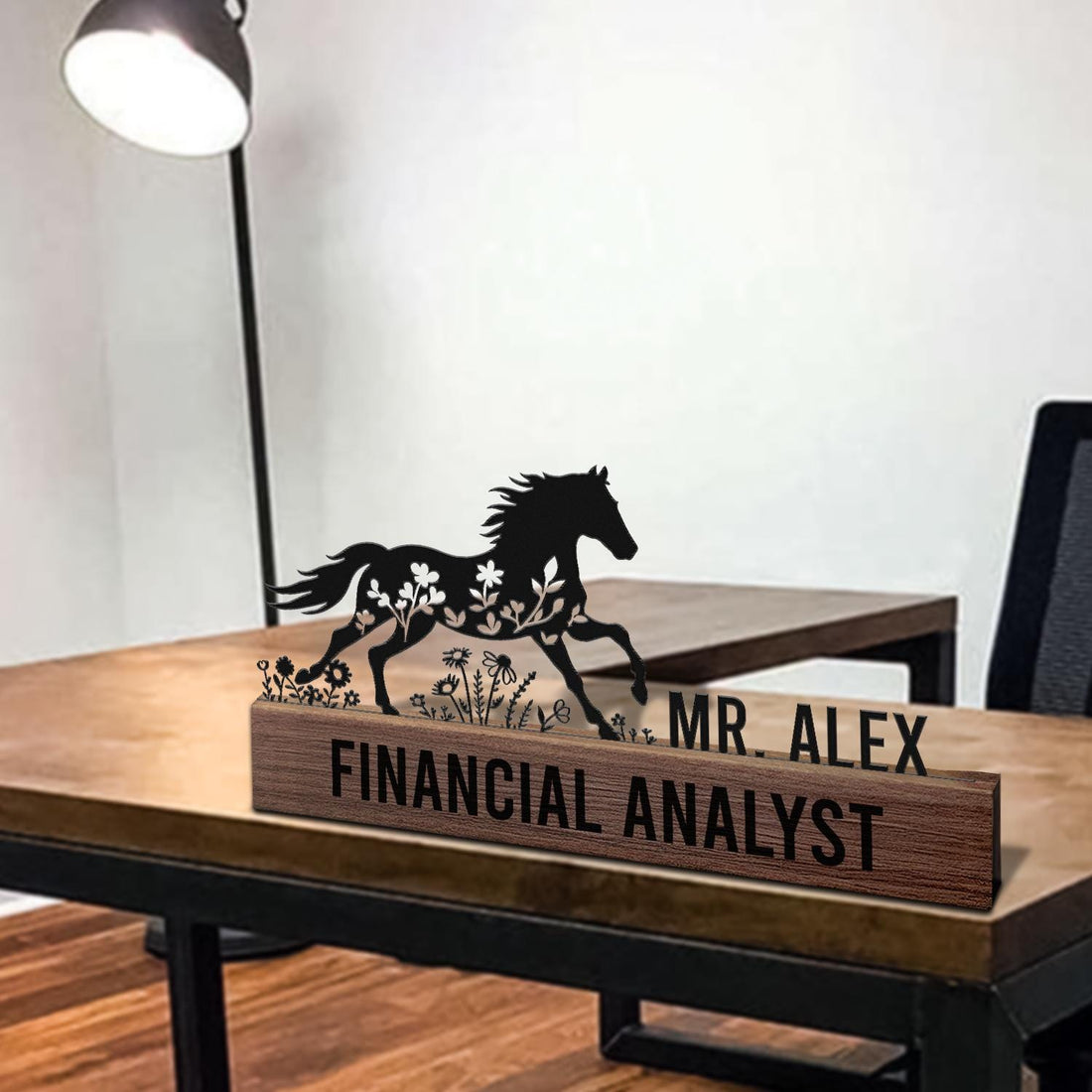 Custom Horse Desk Nameplate Metal Office Sign with Running Stallion Floral Gift for Financial Analyst, Business Professional, Graduation