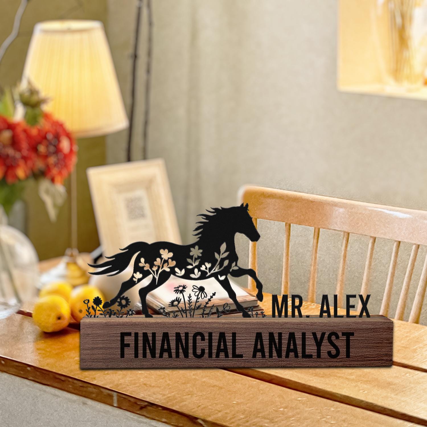 Custom Horse Desk Nameplate Metal Office Sign with Running Stallion Floral Gift for Financial Analyst, Business Professional, Graduation