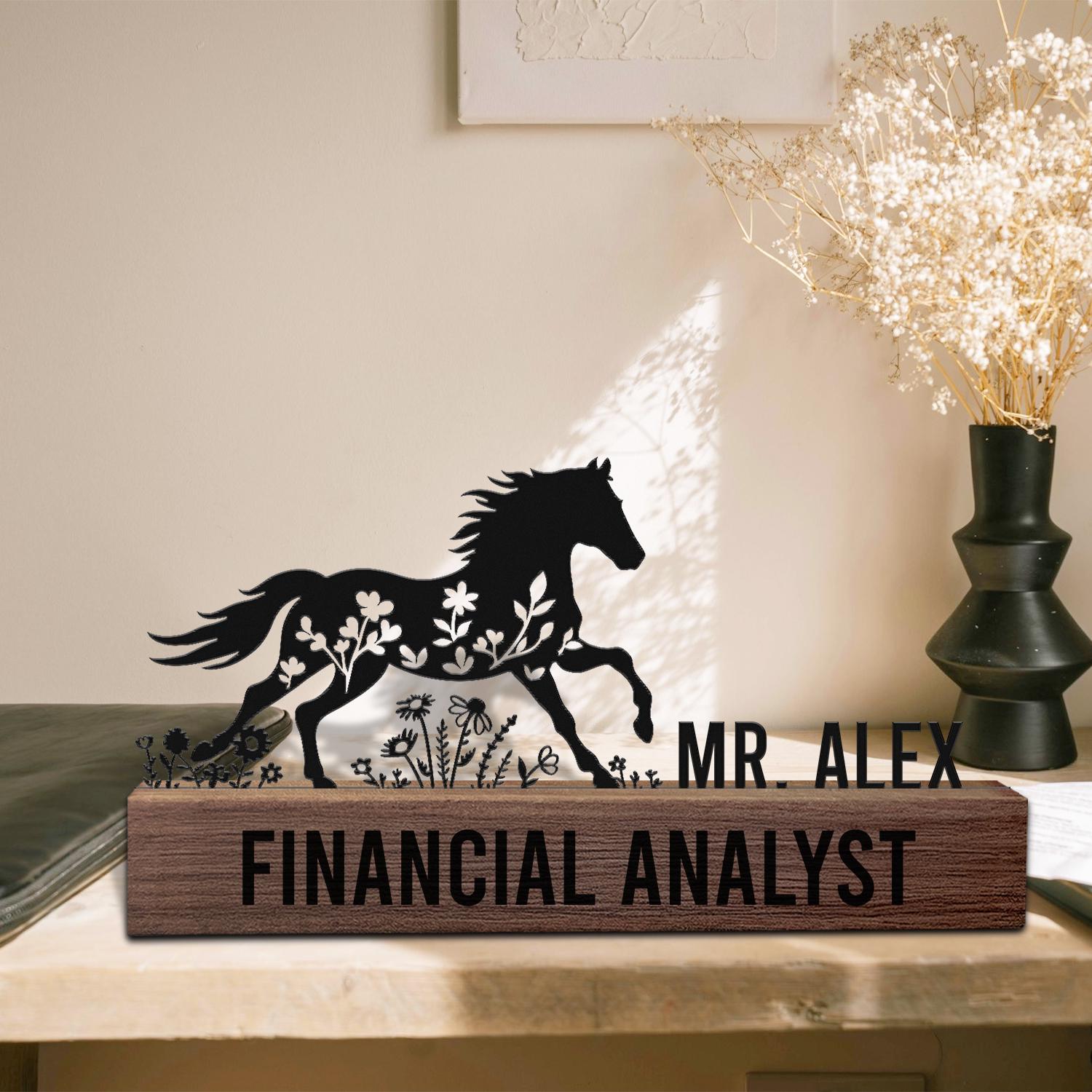 Custom Horse Desk Nameplate Metal Office Sign with Running Stallion Floral Gift for Financial Analyst, Business Professional, Graduation