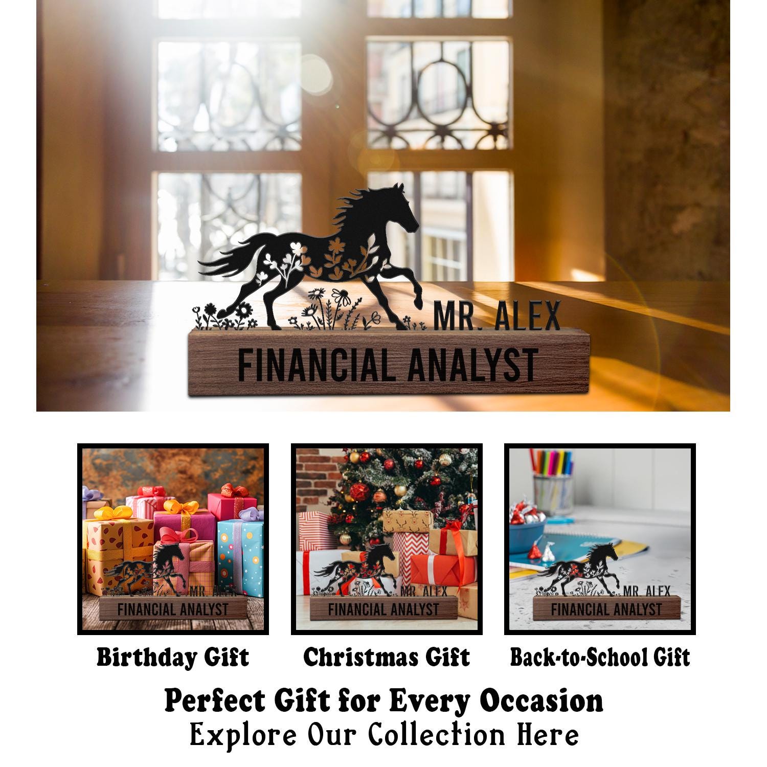Custom Horse Desk Nameplate Metal Office Sign with Running Stallion Floral Gift for Financial Analyst, Business Professional, Graduation