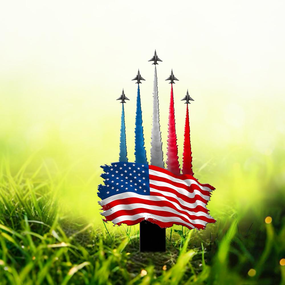 American Flag Jet Flyover Metal Stake, Patriotic Lawn Decor