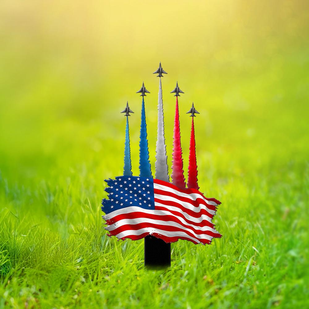 American Flag Jet Flyover Metal Stake, Patriotic Lawn Decor