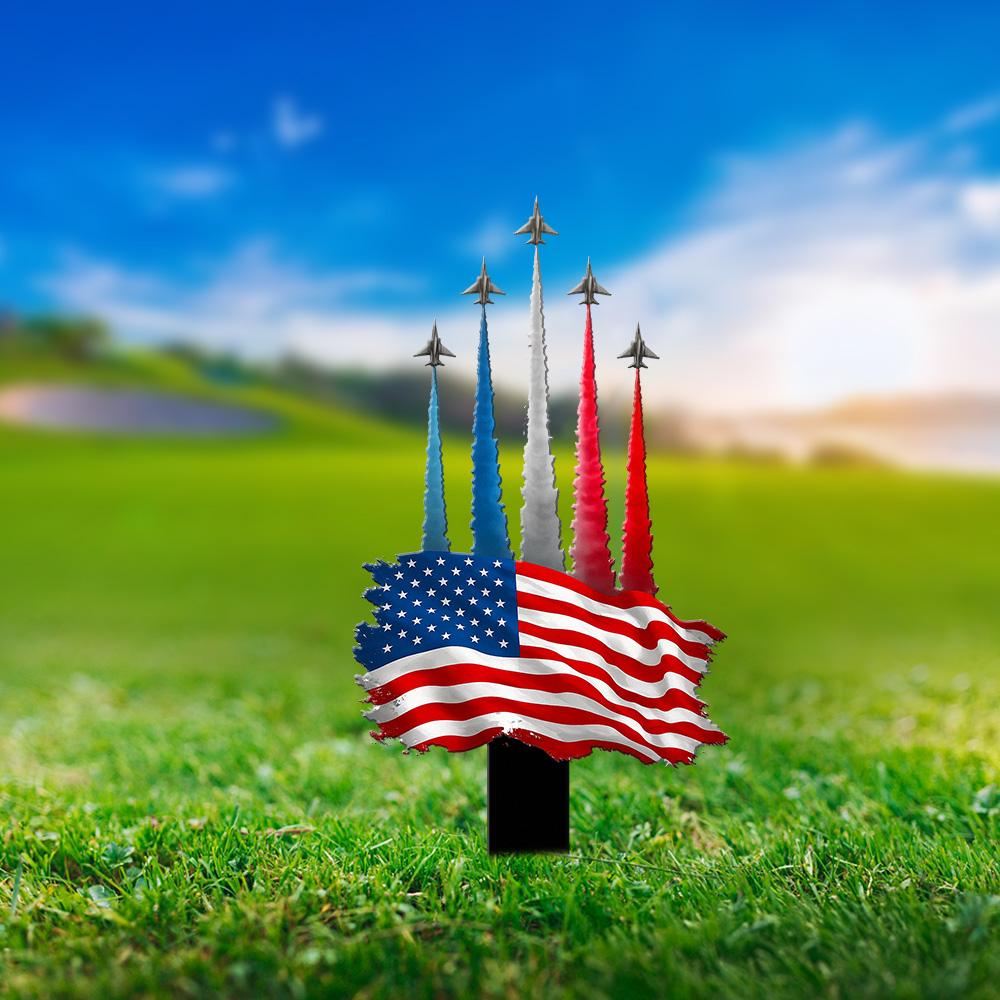 American Flag Jet Flyover Metal Stake, Patriotic Lawn Decor
