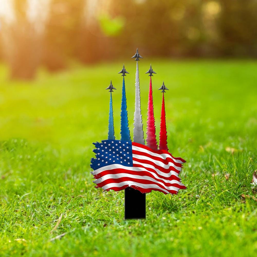 American Flag Jet Flyover Metal Stake, Patriotic Lawn Decor