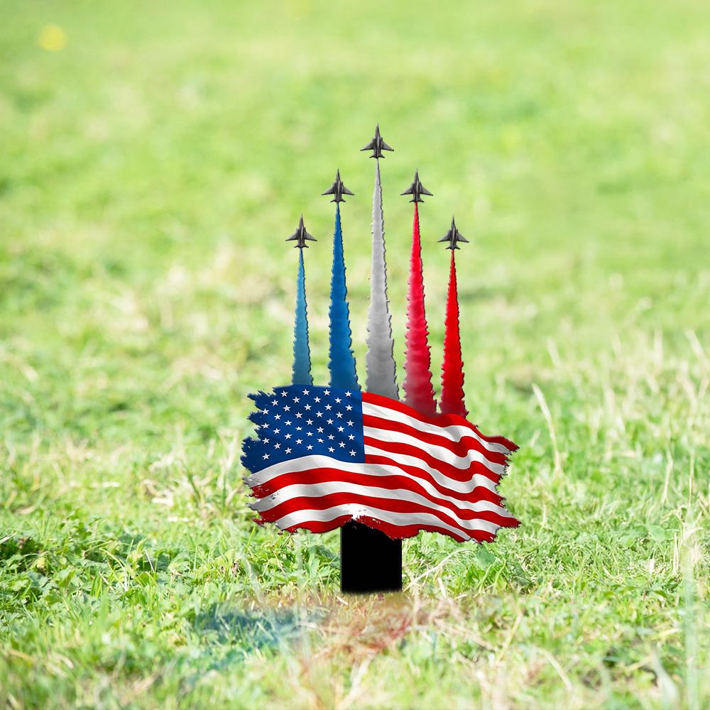 American Flag Jet Flyover Metal Stake, Patriotic Lawn Decor