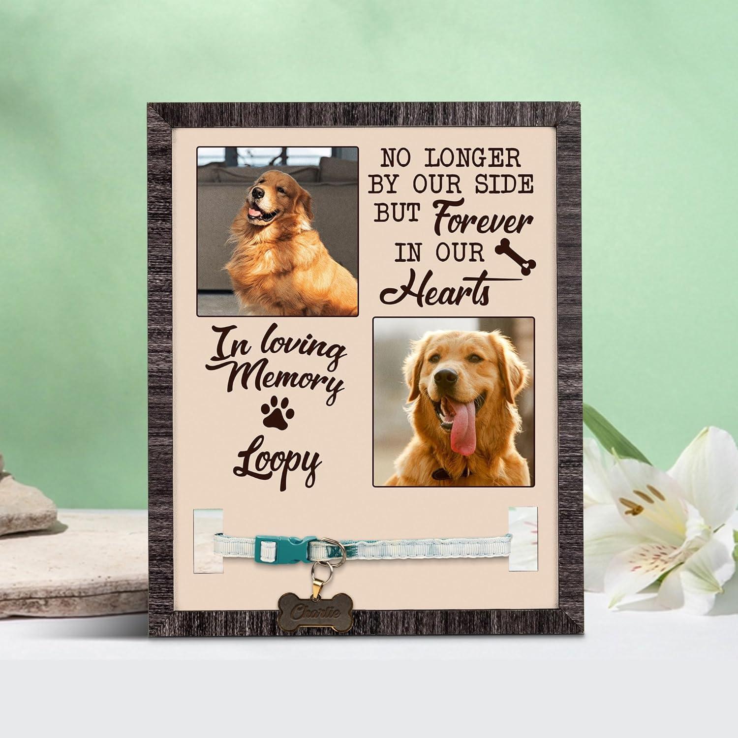 Custom Dog Memorial Photo Frame with Collar Holder, Pet Loss Gift, Dog Remembrance Keepsake, Forever in Our Hearts Tribute Pet Portrait Sign