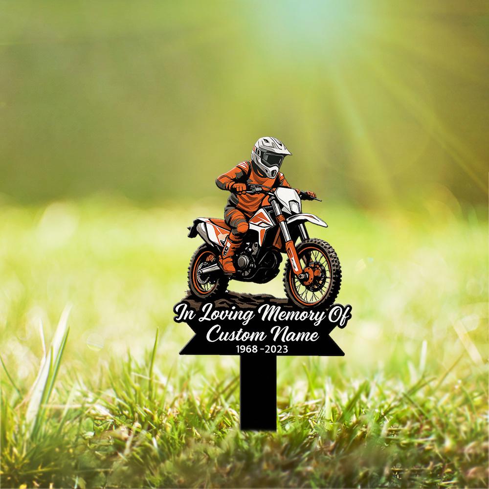 Custom Motocross Memorial Metal Garden Stake Dirt Bike Grave Marker Outdoor Sign for Biker Dad Husband Son Cemetery Remembrance Decor