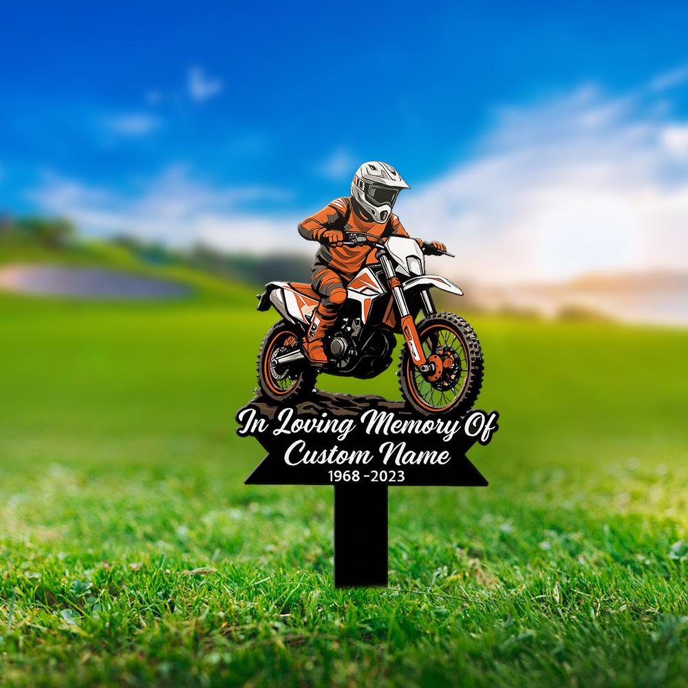 Custom Motocross Memorial Metal Garden Stake Dirt Bike Grave Marker Outdoor Sign for Biker Dad Husband Son Cemetery Remembrance Decor