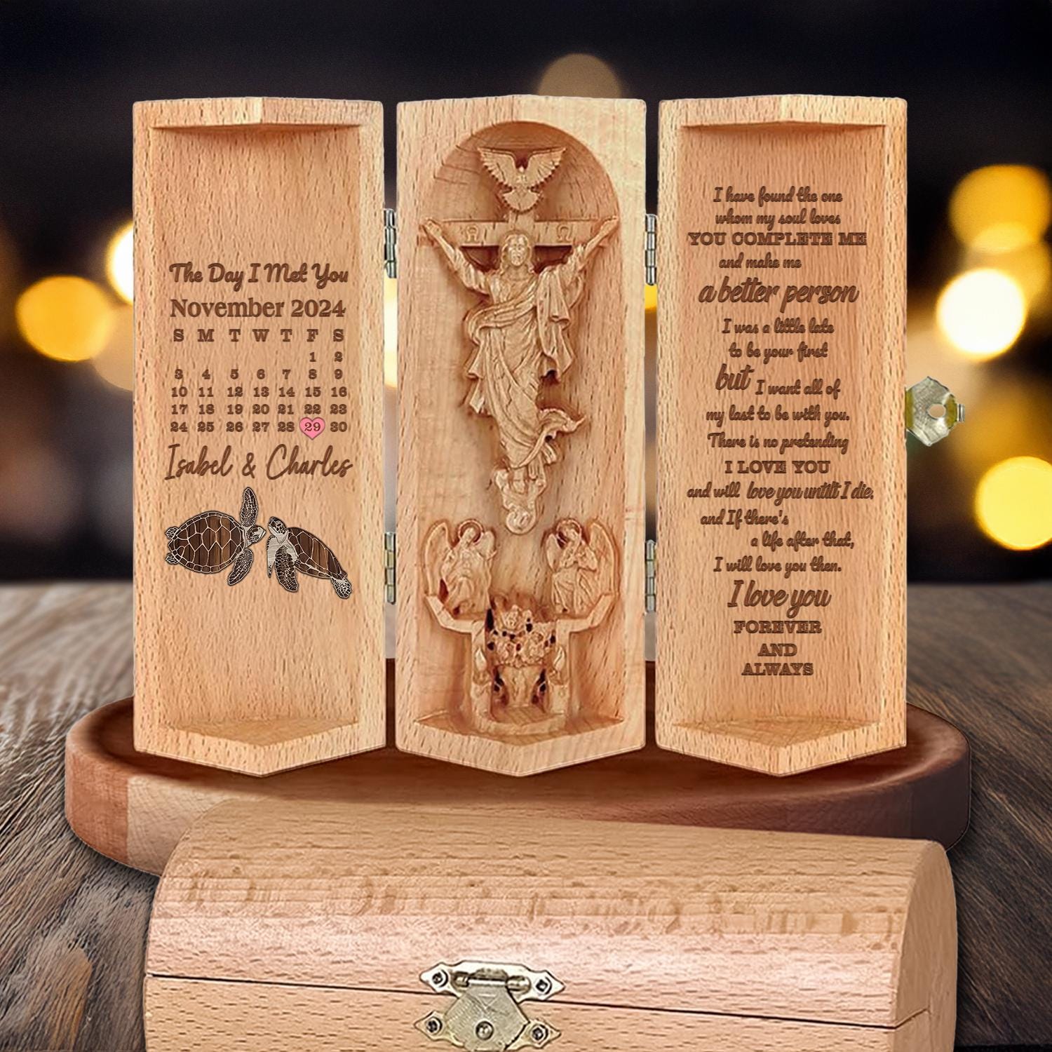 Custom Calendar The Day I Met You Christian Wooden Love Scripture, Turtle Couple Jesus Carving with Bible Verse, Religious Gift for Couple